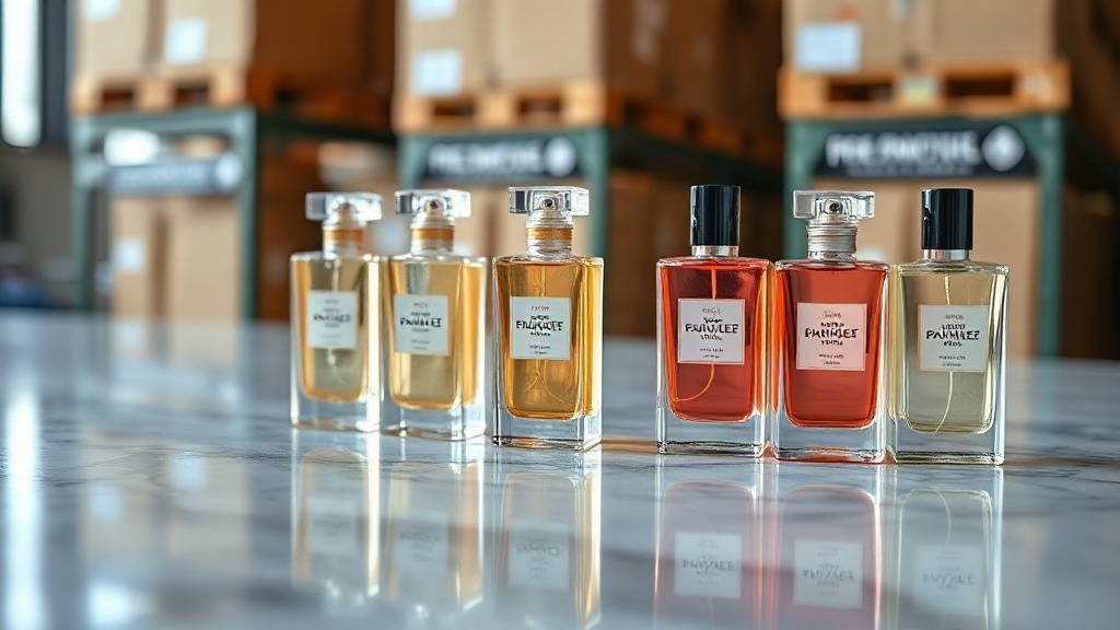 elegant perfume bottles arranged in a row on a polished marble counter, warehouse cardboard boxes softly blurred in the