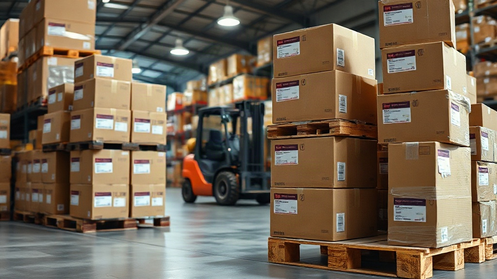 Wide shot of a logistics warehouse with stacked wooden pallets loaded with sealed cardboard shipping boxes, a forklift i