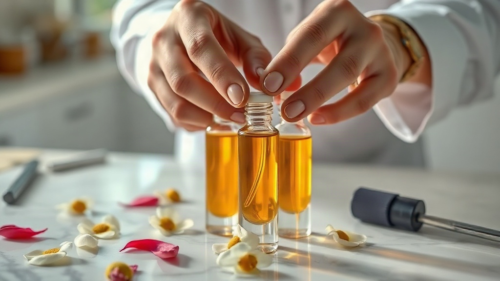 a professional's hands in a bright workshop examining small glass sample vials filled with amber perfume concentrat