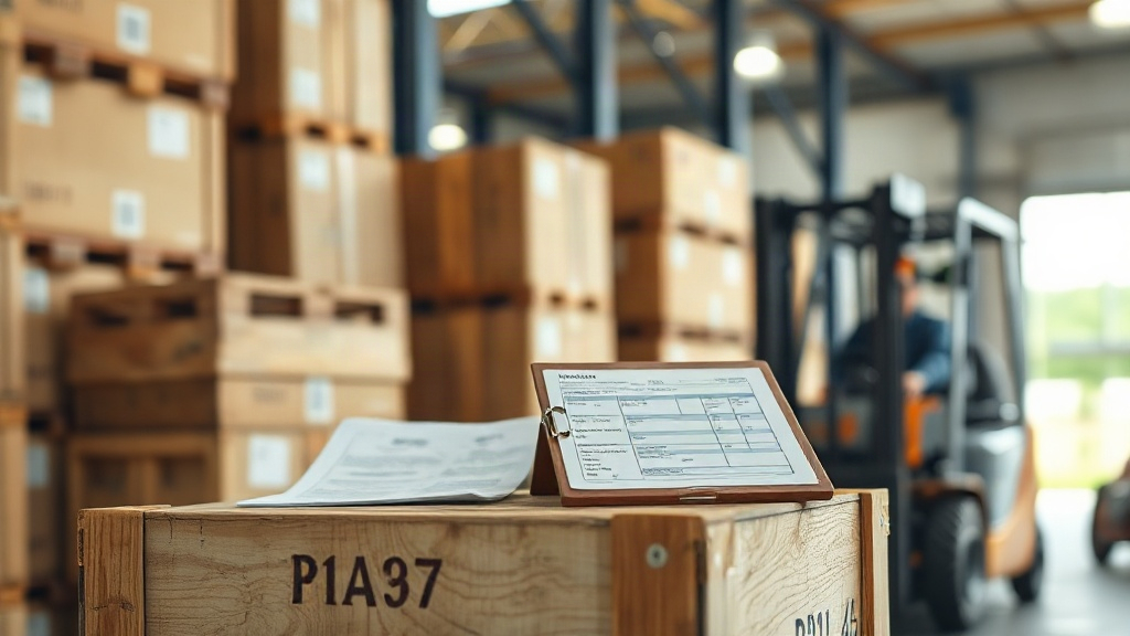wooden shipping crates and cardboard boxes stacked in a logistics warehouse, customs paperwork and a shipping manifest c