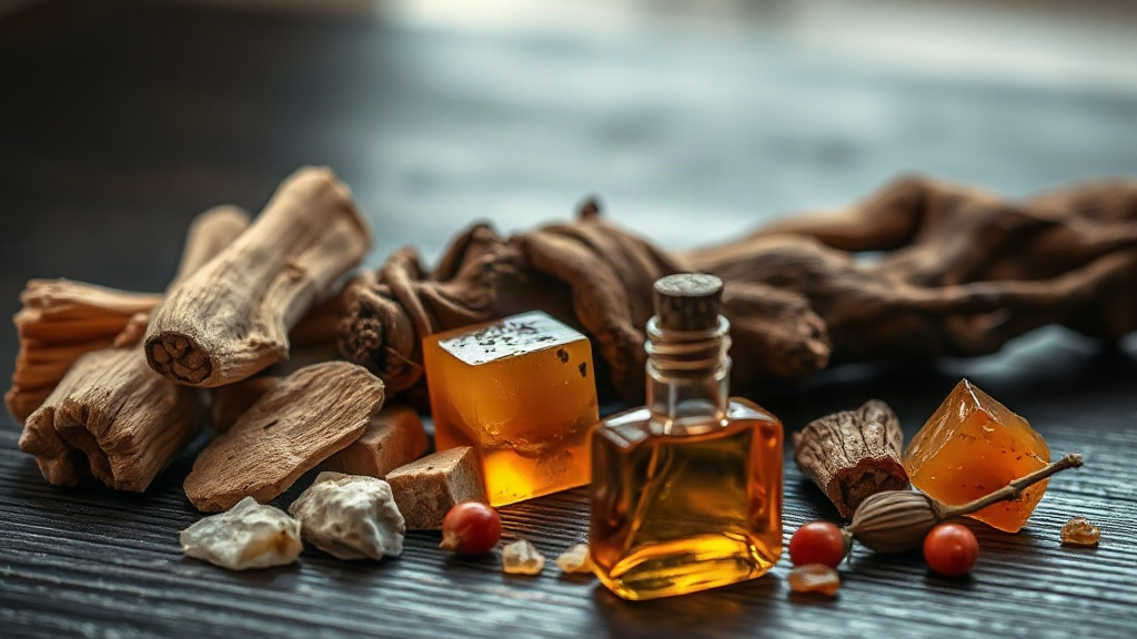 close-up still life of raw perfumery materials on a dark wooden surface, pieces of sandalwood, amber resin chunks, dried