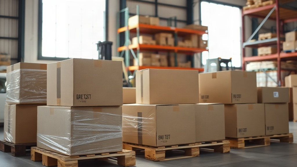 warehouse interior with stacked cardboard shipping boxes on wooden pallets, shrink wrap visible, a forklift in the backg