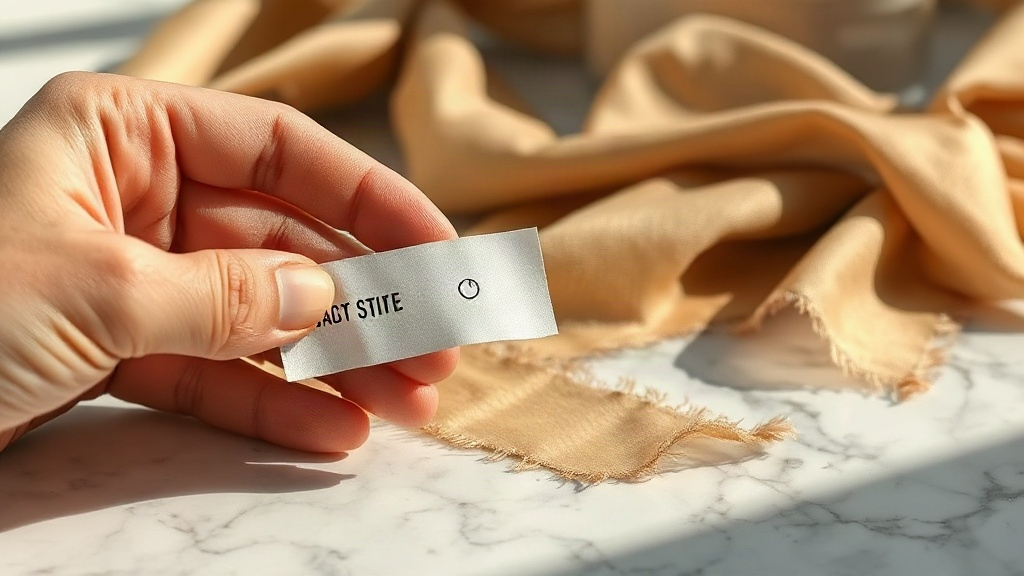 Close-up of a hand holding a fabric fragrance testing strip near a folded silk scarf on a marble table, soft studio ligh