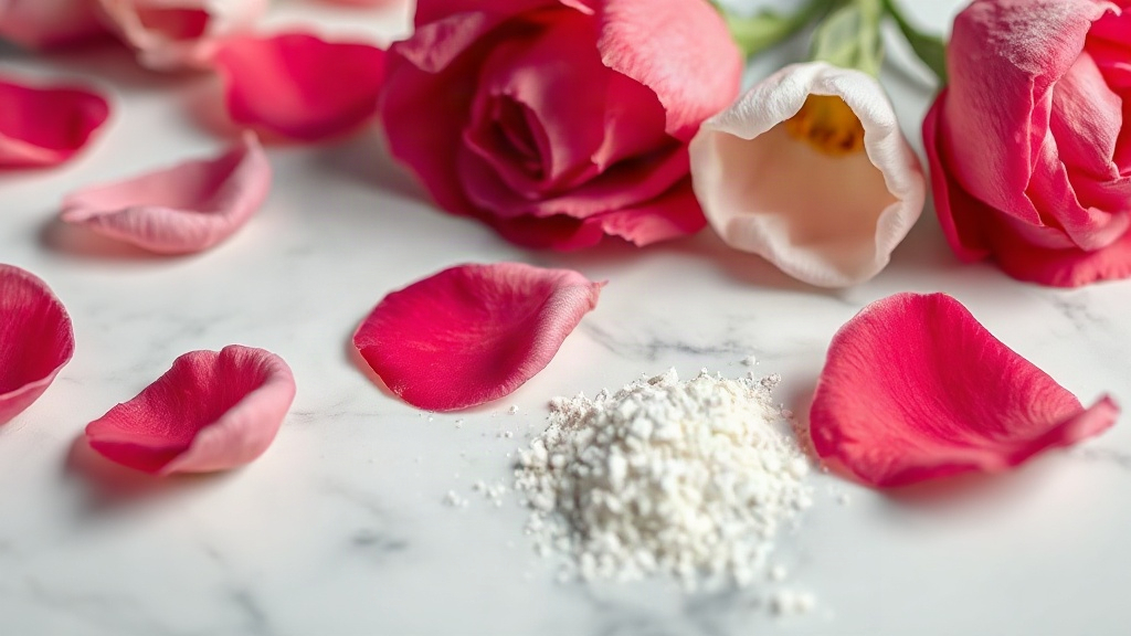 close-up still life of fresh rose petals, carnation flowers and iris root powder arranged on a polished white marble sur
