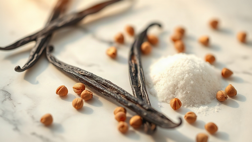 close-up styled still life of vanilla pods, pink peppercorns, and sugar crystals arranged on a white marble surface with