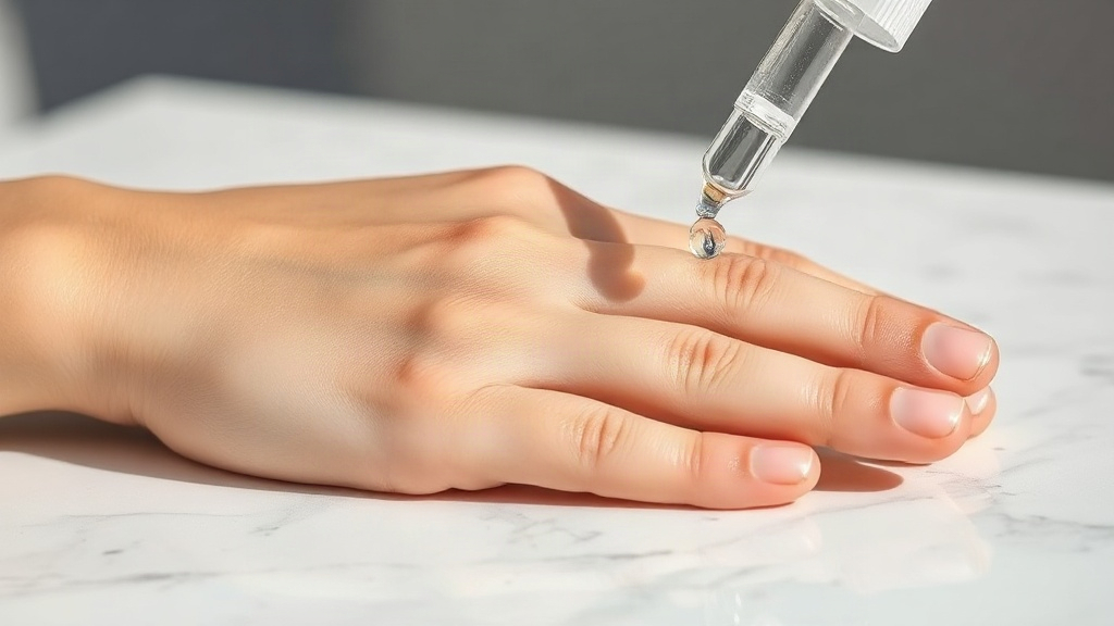Close-up of a hand with smooth glowing skin resting on a white marble surface, a glass dropper releasing a clear liquid 