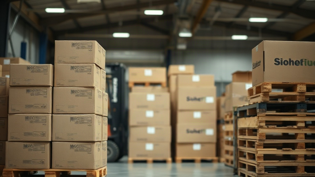 warehouse interior with stacked cardboard shipping boxes and wooden pallets, forklift in the background, soft industrial