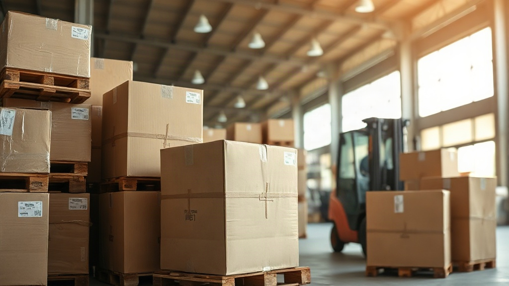 warehouse interior with stacked wooden pallets and sealed cardboard shipping boxes ready for dispatch, forklift in soft 
