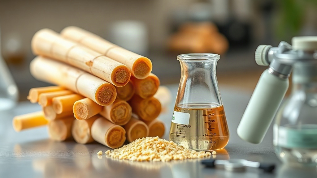 macro photograph of raw sugarcane stalks stacked beside a glass laboratory beaker filled with clear liquid on a stainles