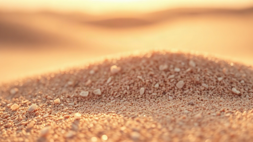 close-up macro photograph of fine pink sand grains and desert dune textures catching warm golden light, soft blurred hor