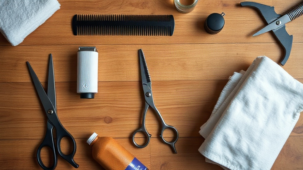 Overhead flat lay of a barber's workstation with scissors, comb, clipper, and neatly folded towels arranged on a wo