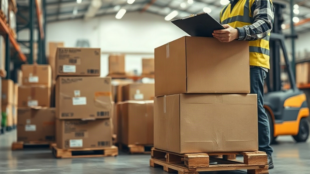 warehouse interior with stacked cardboard shipping boxes on wooden pallets, a worker's hand checking a shipping doc