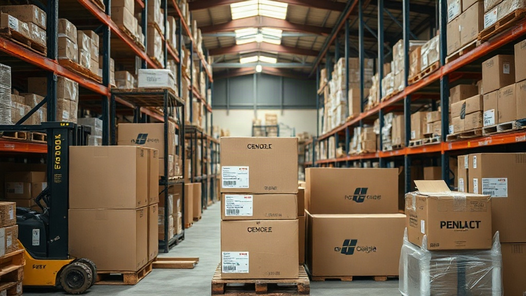 wholesale cosmetics warehouse interior with neatly stacked cardboard shipping boxes and wooden pallets, organized invent