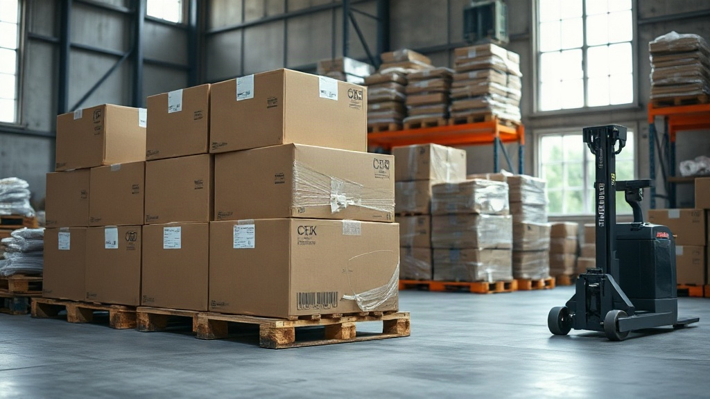 warehouse interior with wooden pallets stacked with sealed brown cardboard shipping boxes, a pallet jack nearby, industr