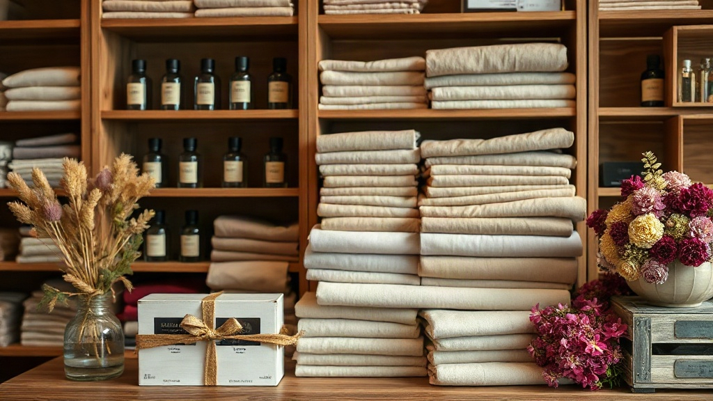 retail perfumery shelving display with folded fabric swatches, dried flowers, and wooden crates suggesting a boutique fr