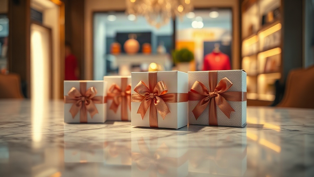 elegant closed perfume gift boxes with satin ribbon arranged on a marble display counter inside a luxury retail boutique