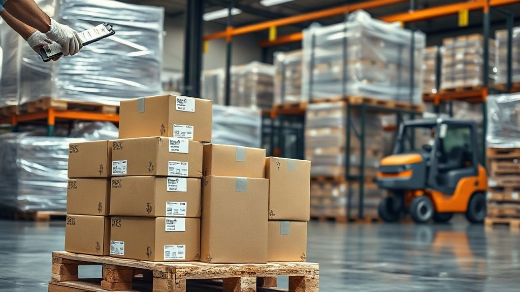 Professional warehouse logistics scene for cosmetics wholesale export: stacked shipping cartons on a wooden pallet, a wo