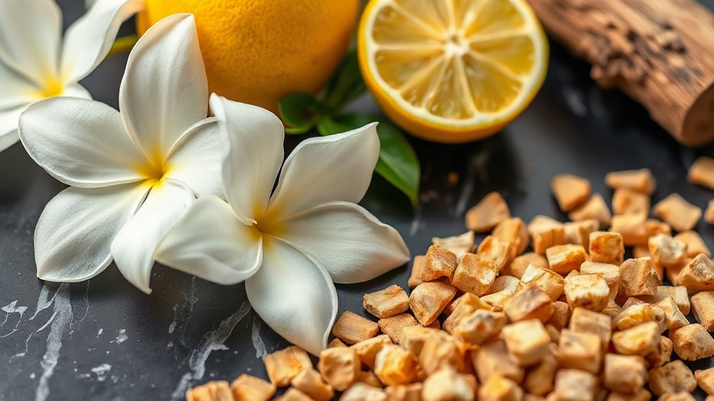 close-up scene of fresh jasmine flowers, bergamot citrus fruits and oud wood chips arranged on a dark marble surface, so