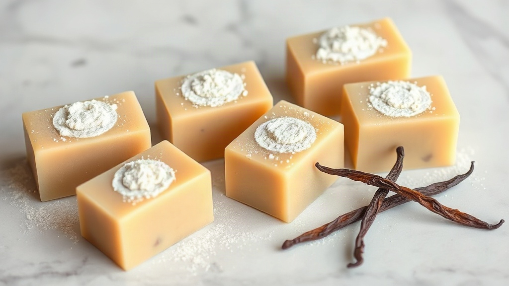 handmade soap bars dusted with fine vanilla powder arranged on a light marble surface, a few vanilla pods placed beside 