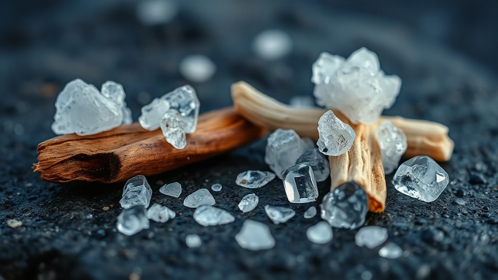 Close-up macro photography of fresh aquatic perfume ingredients, sea salt crystals, smooth driftwood pieces, blue water 