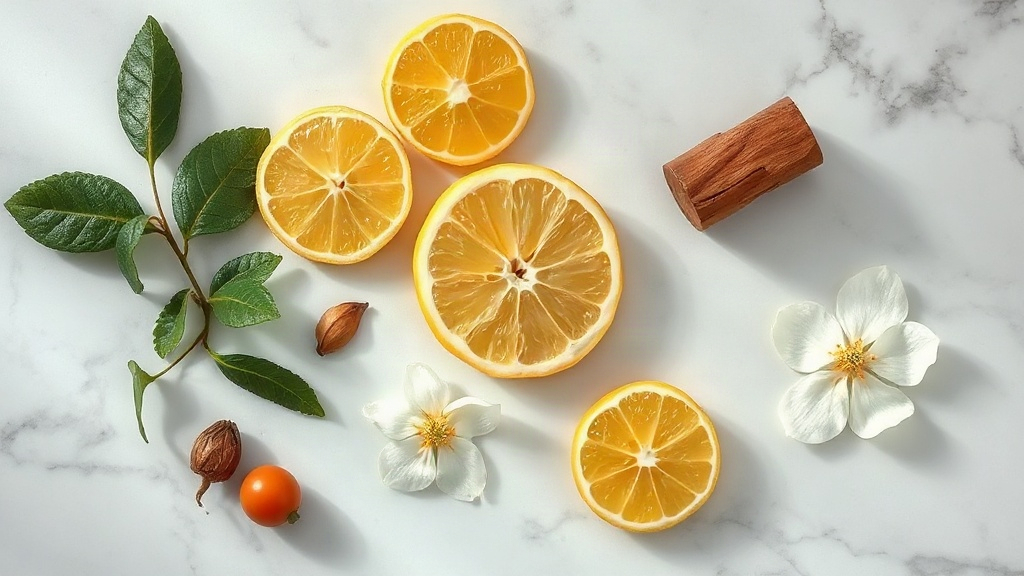 overhead flat lay of raw perfume ingredients on a marble surface, bergamot slices, jasmine flowers, a small piece of oud