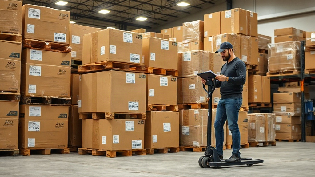 warehouse interior with stacked wooden pallets of sealed cardboard shipping cartons, a pallet jack nearby, and a worker 