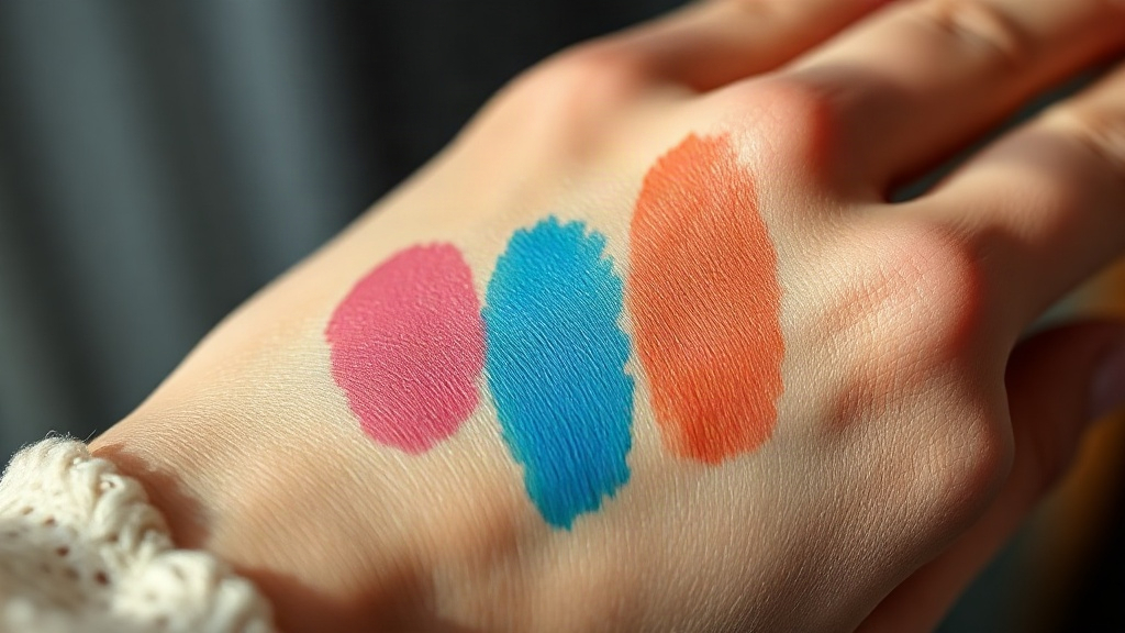 close-up of a hand and wrist with vivid swatches of blush, eyeshadow and lipstick in bold fuchsia, coral and electric bl