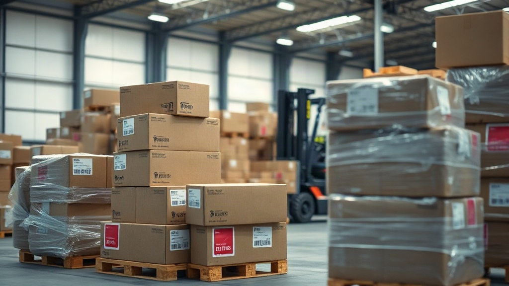 wholesale warehouse interior with stacked cardboard shipping boxes and wrapped pallets ready for export, a forklift in t