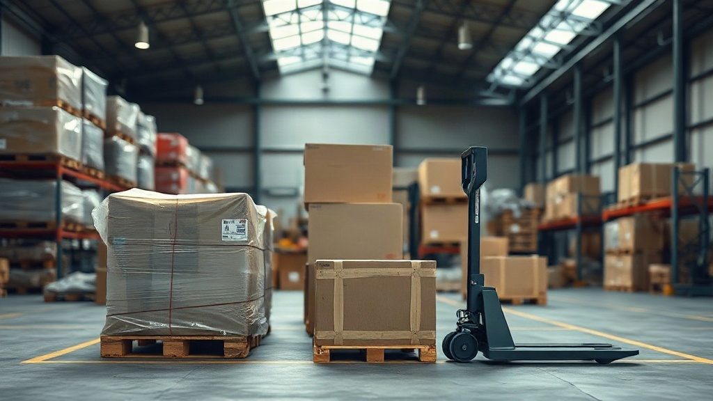 warehouse interior with wrapped pallets, stacked cardboard shipping cartons, a loading dock, and a pallet jack under ove
