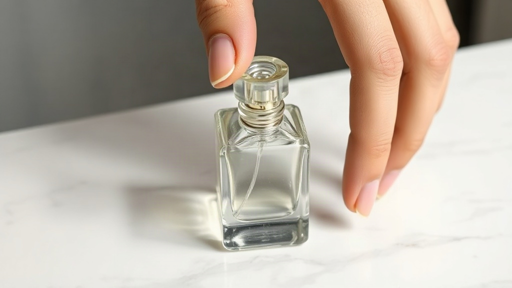 a hand carefully inspecting an elegant glass perfume bottle on a polished white marble surface, soft diffused light, min