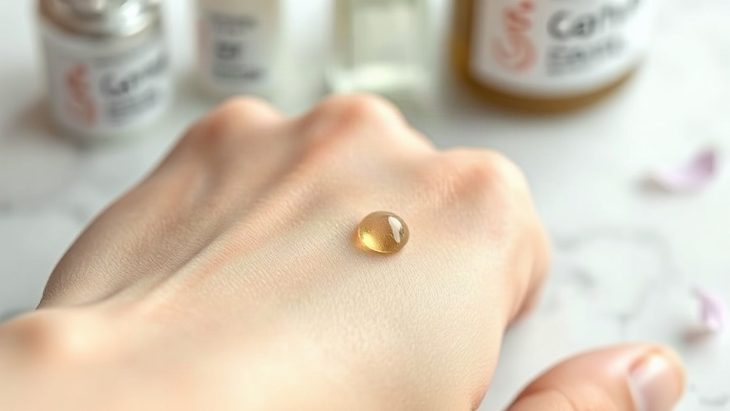 Close-up macro photography of a translucent skincare serum droplet resting on a woman's wrist, soft diffused studio