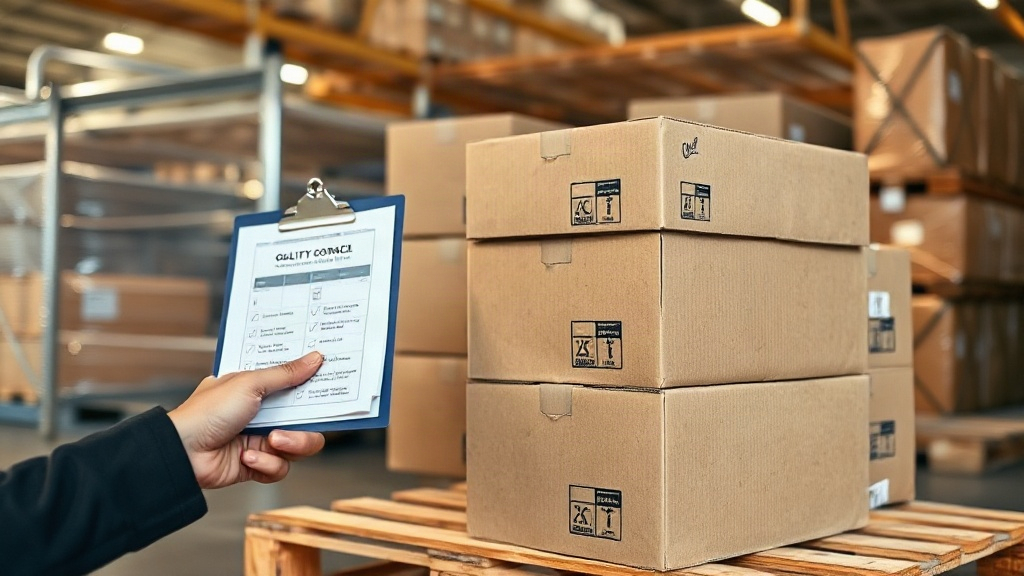 warehouse worker's hands inspecting a stack of sealed cardboard shipping boxes on a wooden pallet, clipboard with a