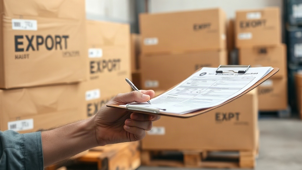 Close-up of a hand signing a customs shipping declaration on a clipboard next to sealed cardboard export boxes stacked o