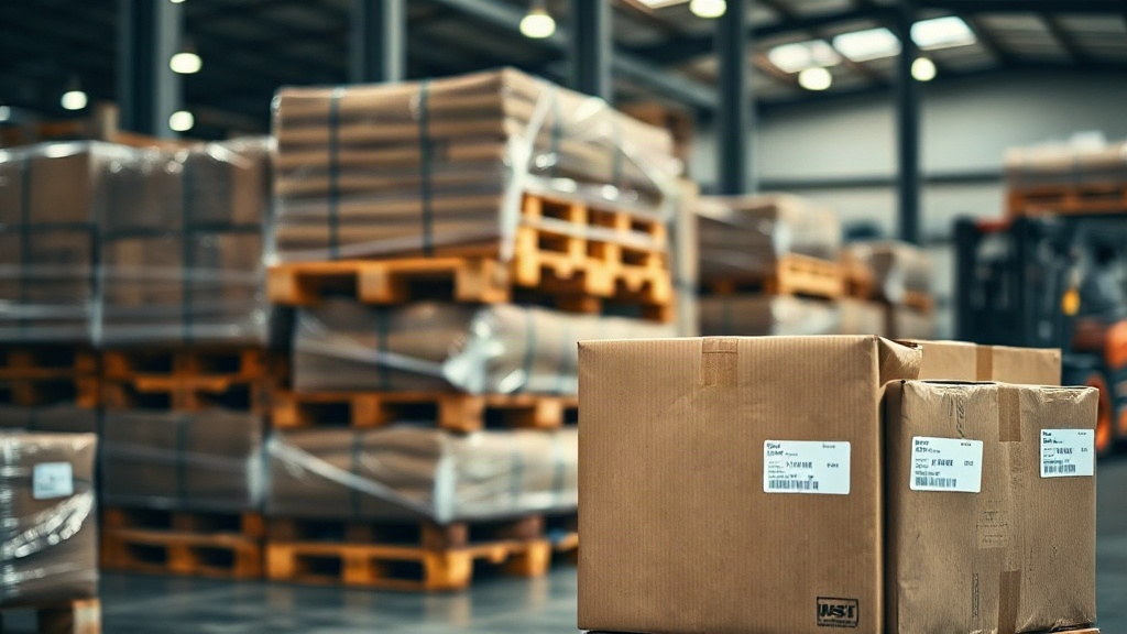 warehouse interior with stacked wooden pallets wrapped in stretch film, sealed cardboard shipping cartons with shipping 