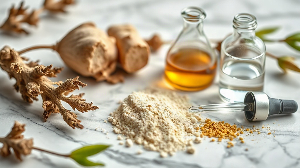 close-up of raw cosmetic skincare ingredients arranged on a marble laboratory surface, willow bark extract, glass beaker
