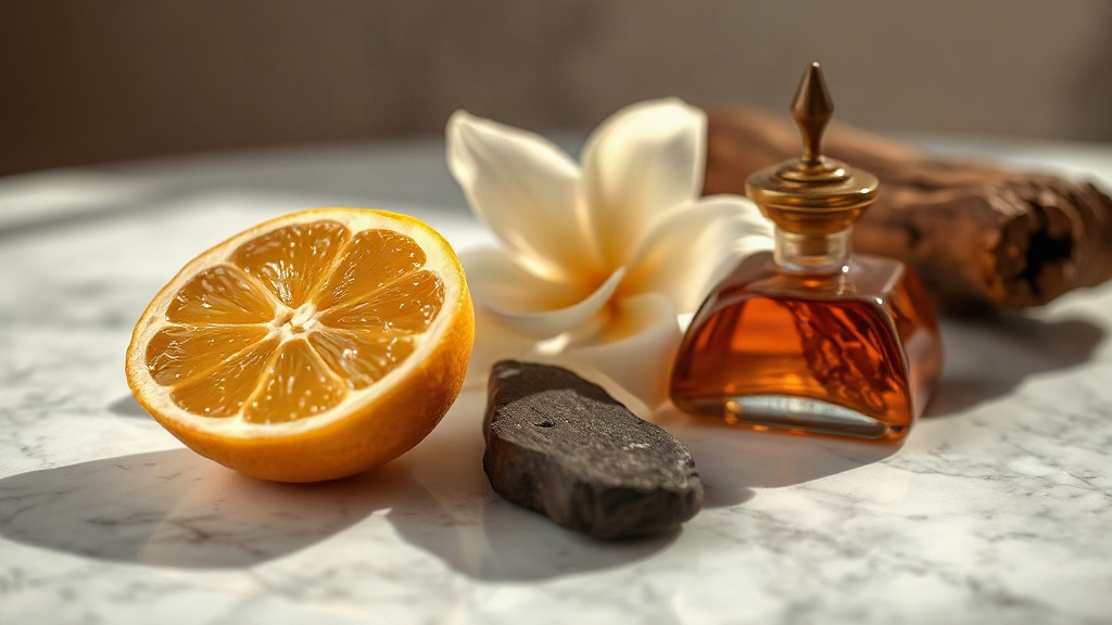 Close-up still life of luxury perfume raw materials arranged on a polished marble surface — fresh bergamot citrus halves