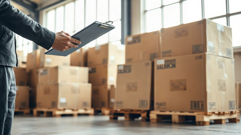warehouse interior with wooden pallets stacked with sealed cardboard cargo boxes, a hand holding a clipboard checking a