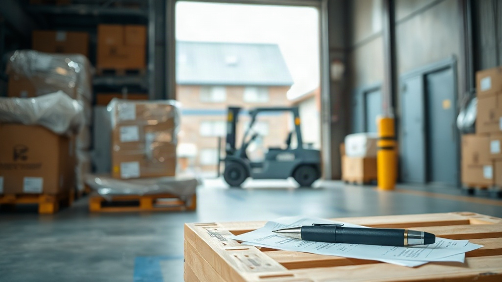 logistics warehouse loading dock with wrapped pallets of cardboard shipping boxes, a forklift in the background, customs