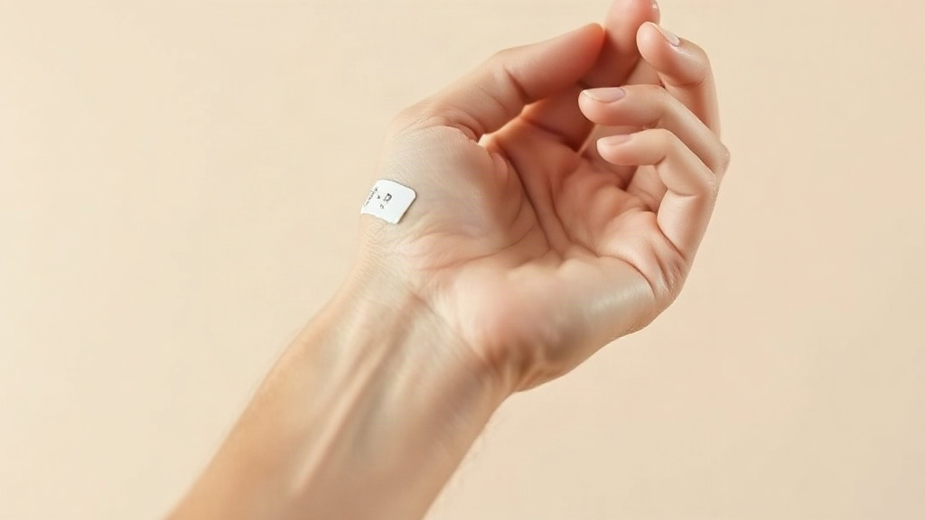 close-up photo of a hand holding a fabric fragrance testing strip near the wrist, soft studio lighting, neutral beige ba
