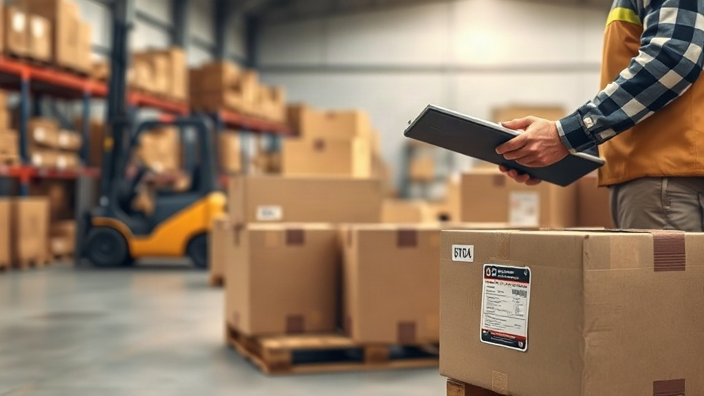 warehouse interior with wooden pallets stacked with sealed cardboard shipping boxes, a forklift in soft focus in the bac