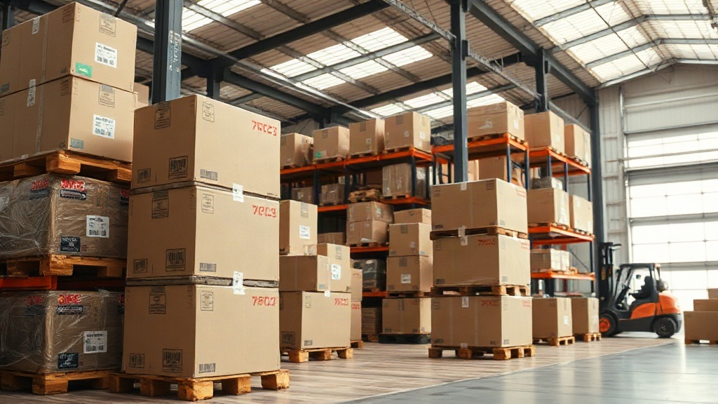 wide shot of a modern logistics warehouse interior, wooden pallets stacked with sealed cardboard shipping boxes, forklif