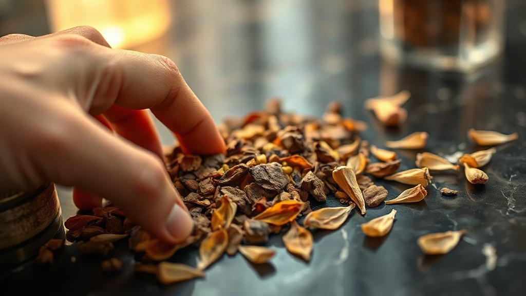 close-up of a hand gently touching raw oud wood chips and dried jasmine petals arranged on a polished dark marble surfac