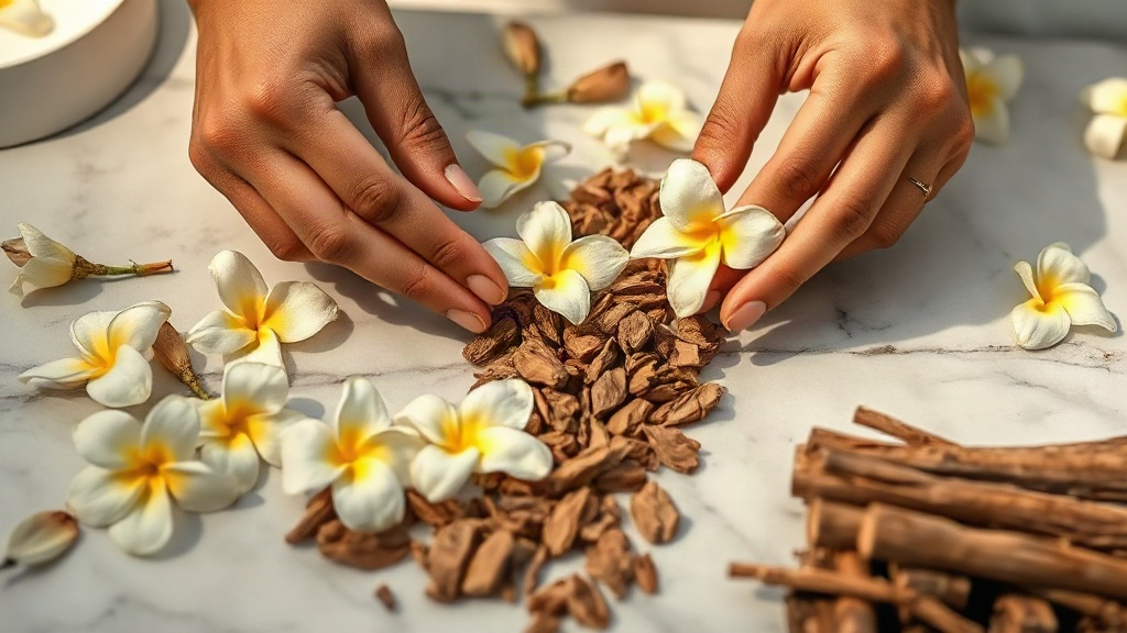 artisan hands arranging fresh jasmine flowers, bergamot peels and raw oud wood chips on a marble surface, warm natural l