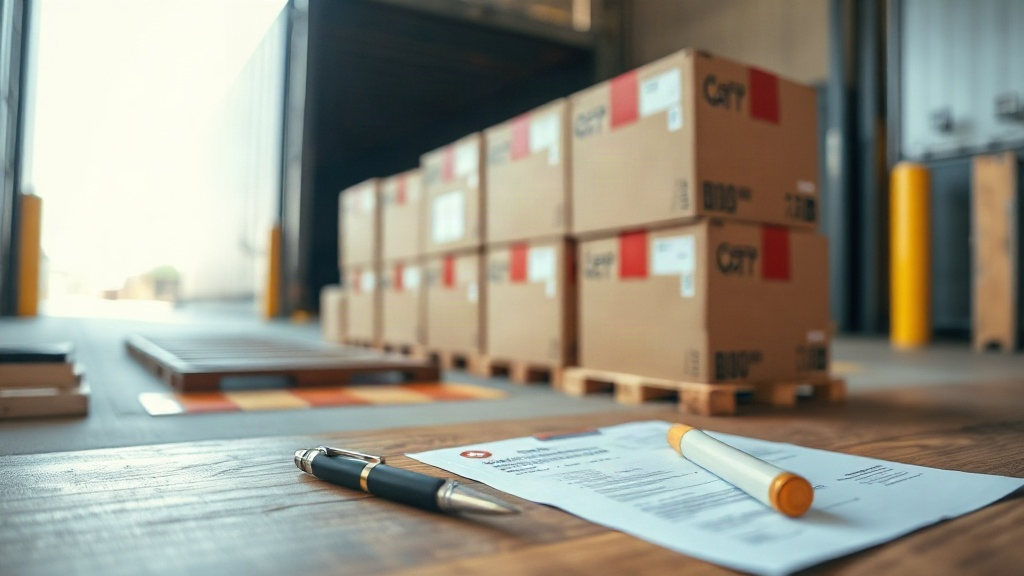 Close-up of cargo shipping crates and brown parcel boxes on a loading dock, customs paperwork and a pen resting on a woo