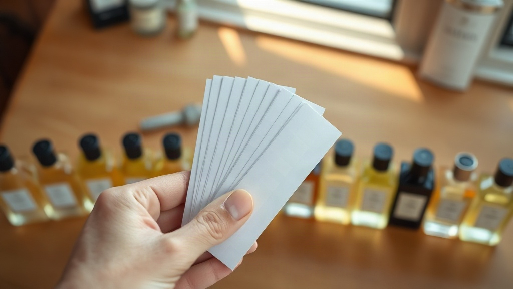 close-up of a hand holding several fragrance testing blotter strips above a wooden table, rows of perfume bottles softly