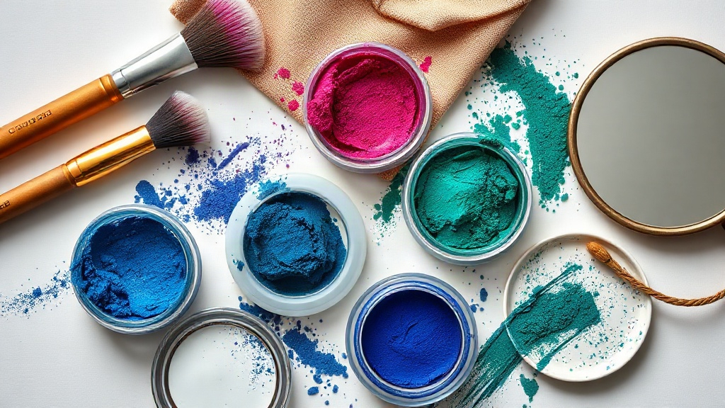 professional flat lay of vibrant loose eyeshadow pigments in electric blue, magenta and emerald green arranged in small 