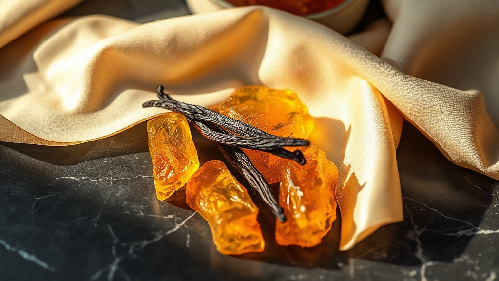 warm amber resin chunks and dried vanilla pods arranged on a dark marble surface, soft golden side light, a piece of cre
