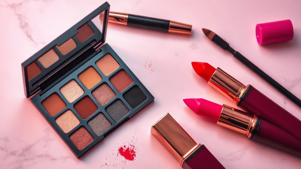 flat lay of vintage-style 1980s makeup products including open eyeshadow palette, lipstick bullets in bold red and fuchs