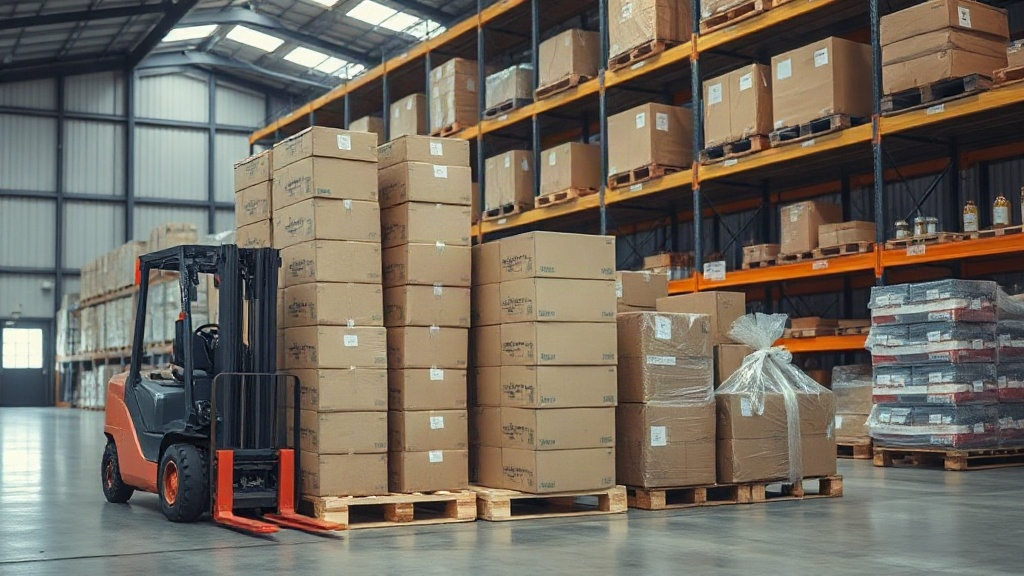 warehouse interior with stacked cardboard shipping cartons on wooden pallets, a forklift pallet jack nearby, industrial 