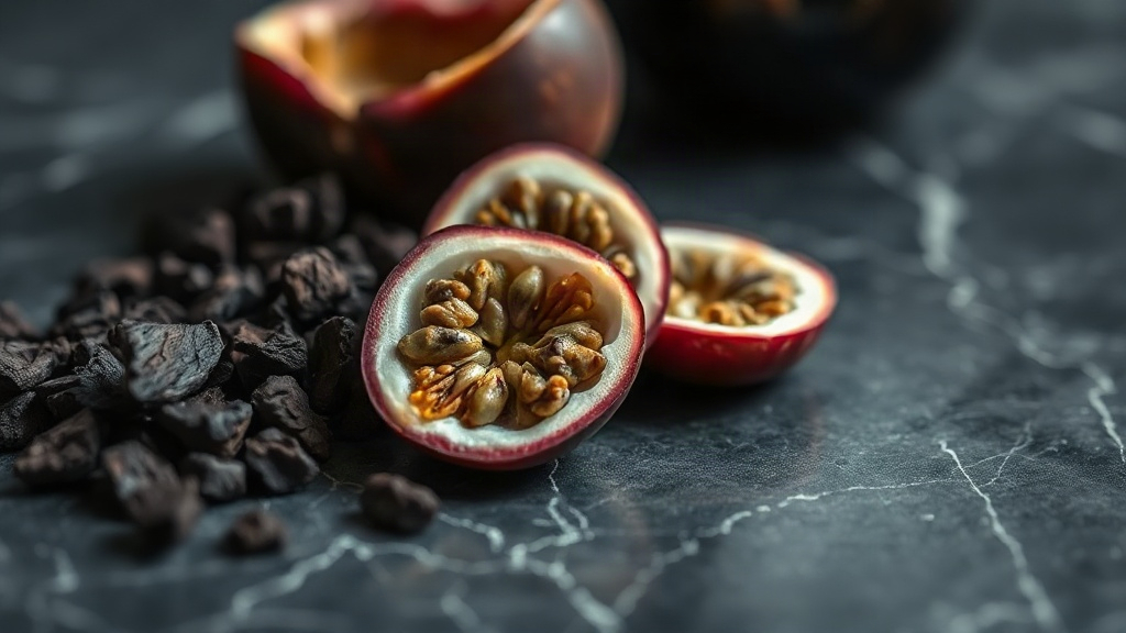 close-up macro photo of raw perfumery ingredients, dark oud wood chips and fresh cut passion fruit halves arranged on a 